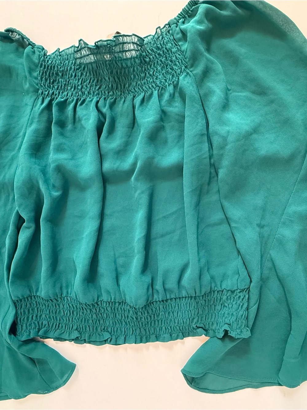 Divided Teal Off-Shoulder Smocked Blouse